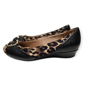 Fina Style Leopard Animal Print & Faux Black Leather Wedge Heels Womens Size 6.5